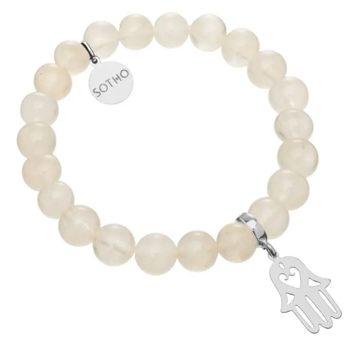 Biała bransoletka nefryt biały hamsa ręka Fatimy srebro 925