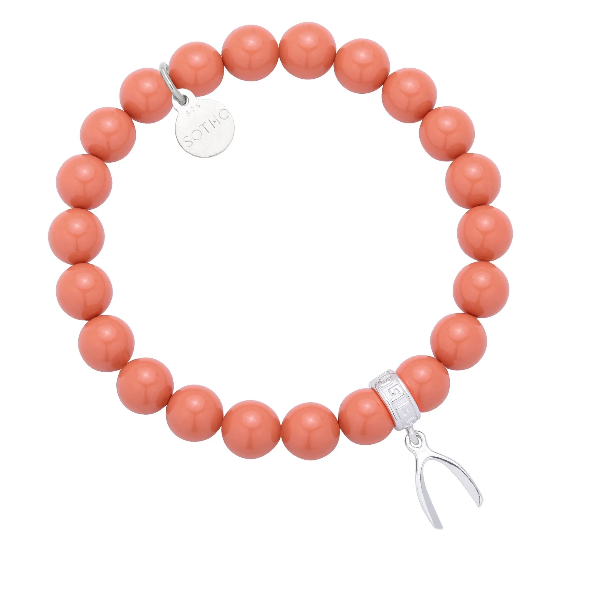 Pomarańczowa bransoletka perły SWAROVSKI® ELEMENTS ze srebrną kością szczęścia Wishbone