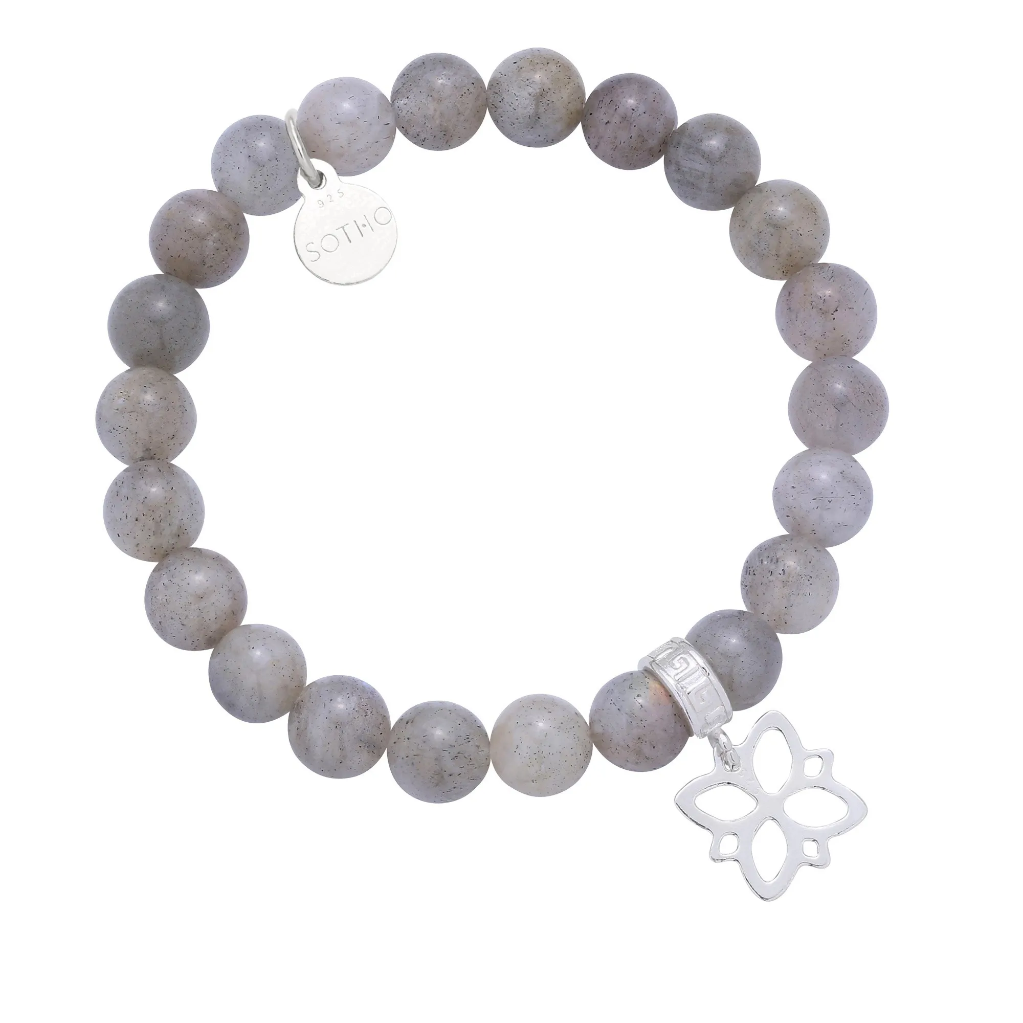 Bransoletka z labradorytu zdobionego srebrną ażurową rozetką