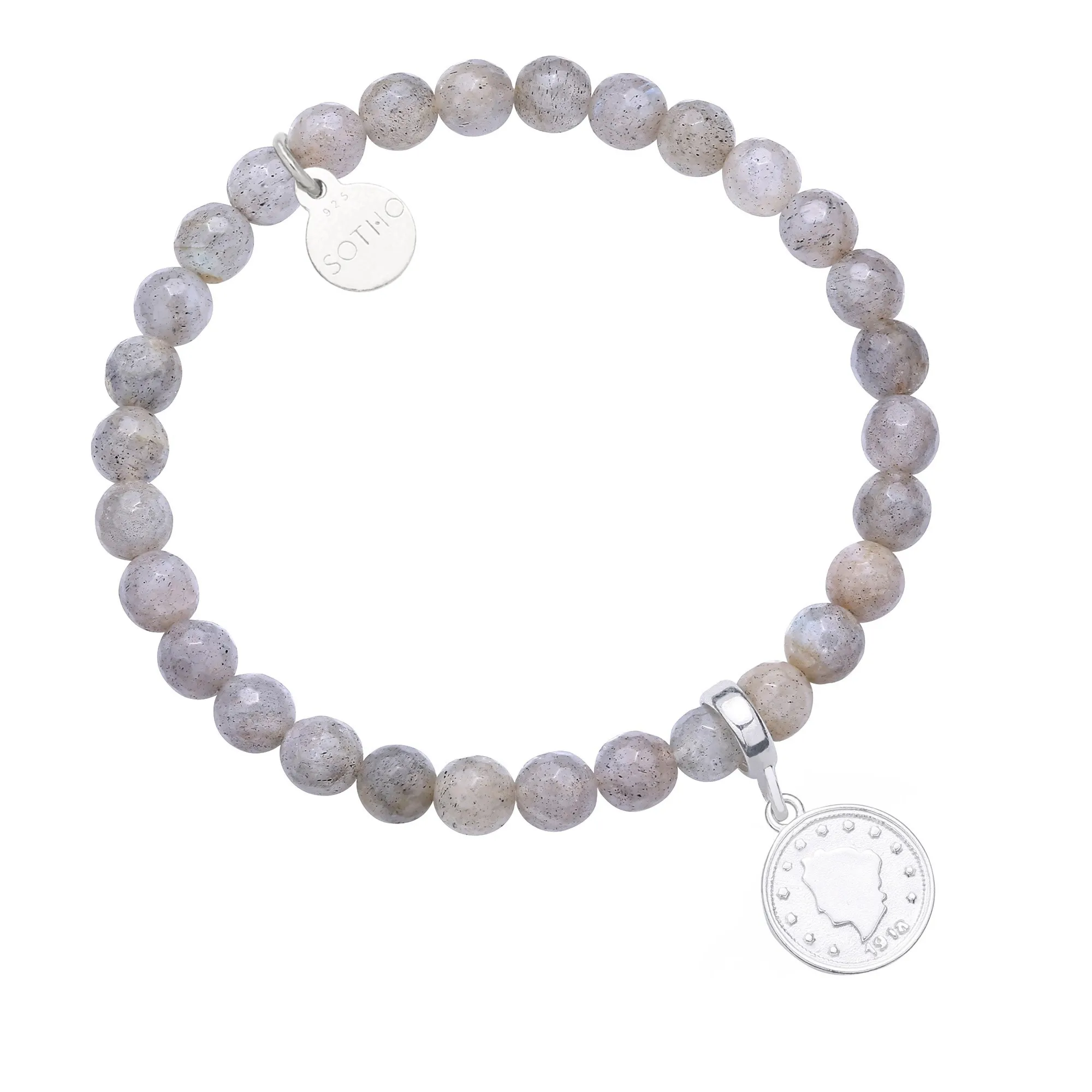 Szara bransoletka z fasetowanego labradorytu z monetą