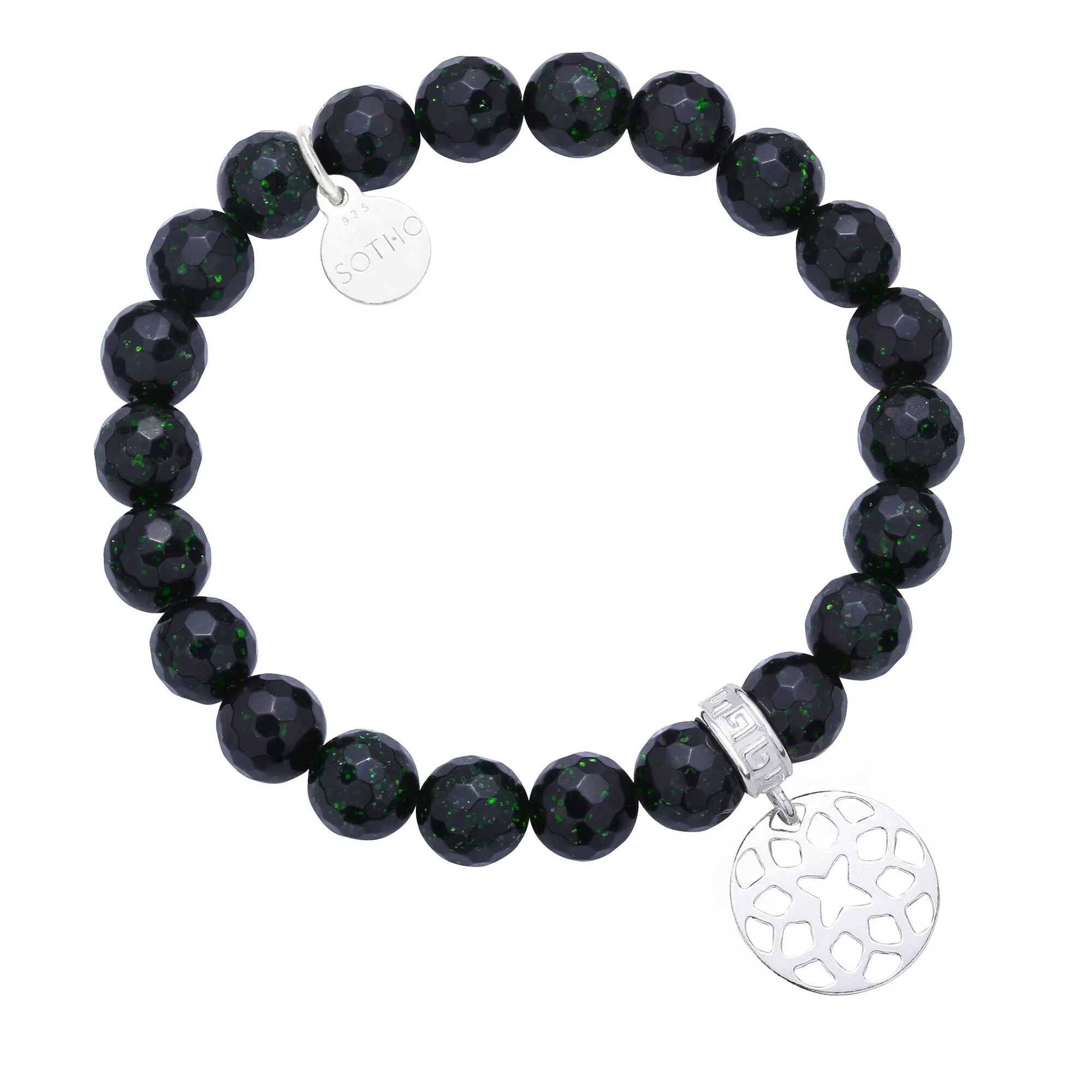 Ciemno zielona bransoletka szmaragdy Nilu zdobione srebrną rozetką