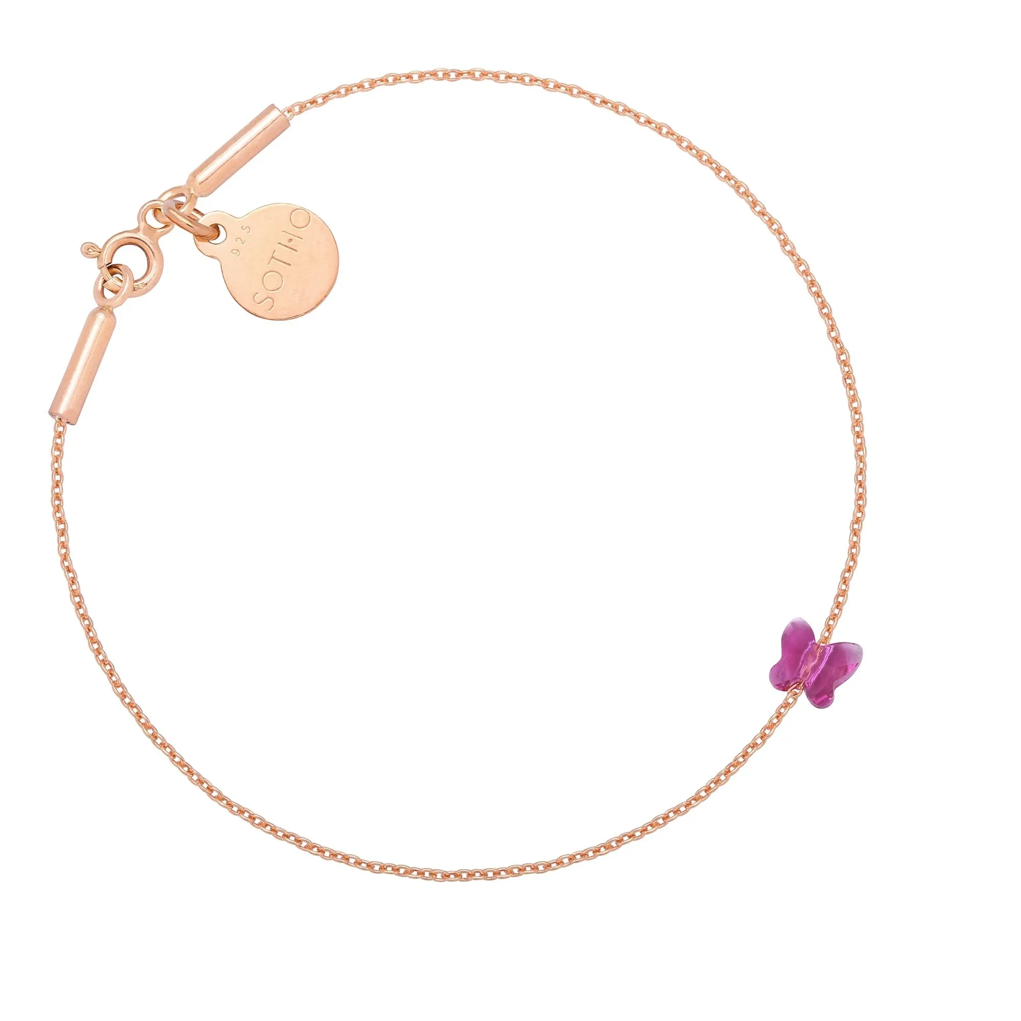 Bransoletka z różowego złota zdobiona ciemnoróżowym motylkiem SWAROVSKI® CRYSTAL