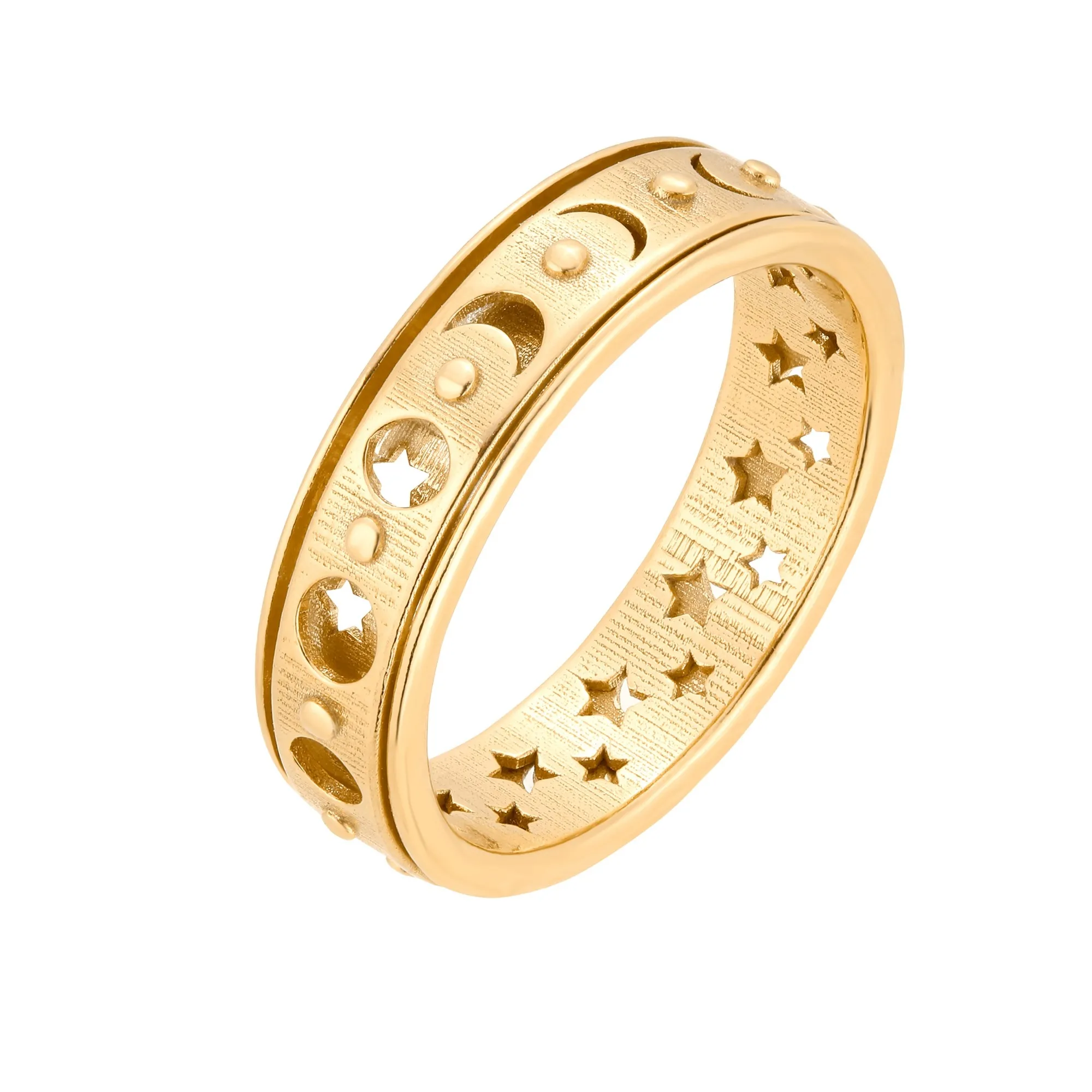 Złota obrotowa obrączka z fazami księżyca i gwiazdami