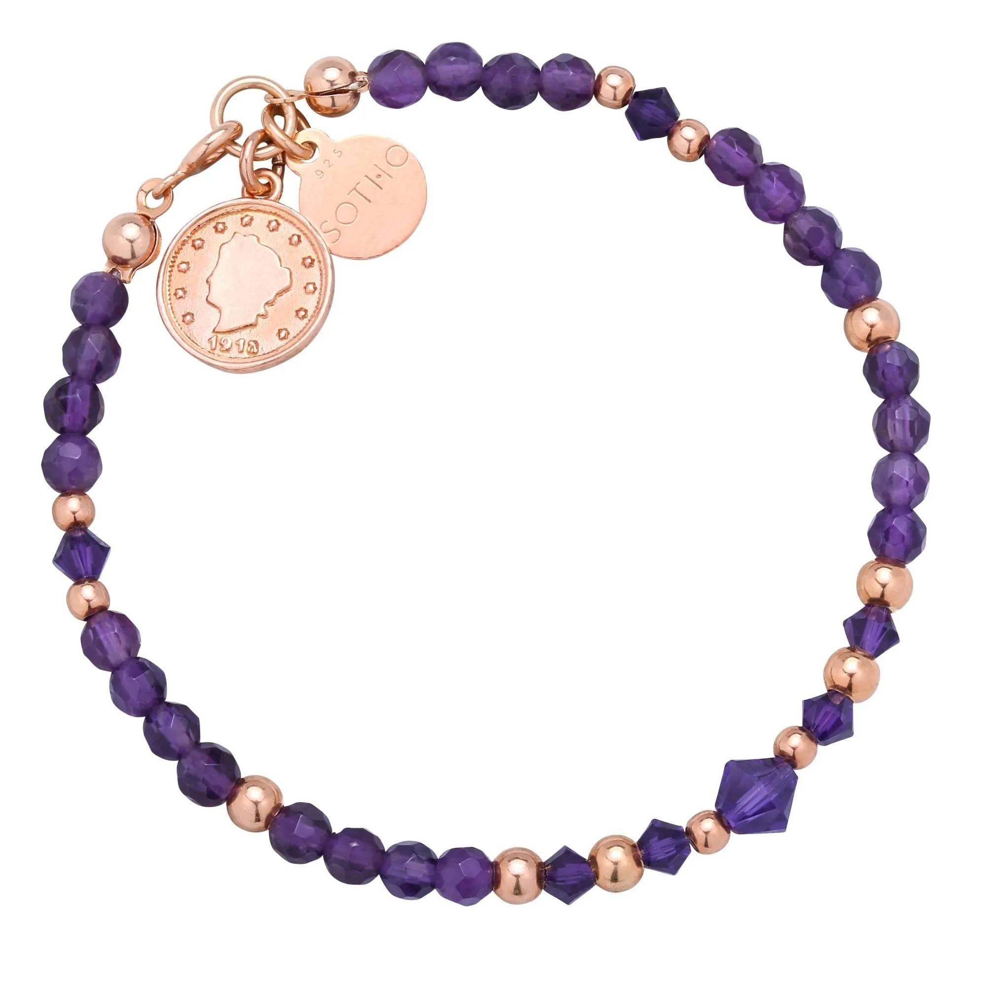 Fioletowa bransoletka z ametystu zdobiona monetą