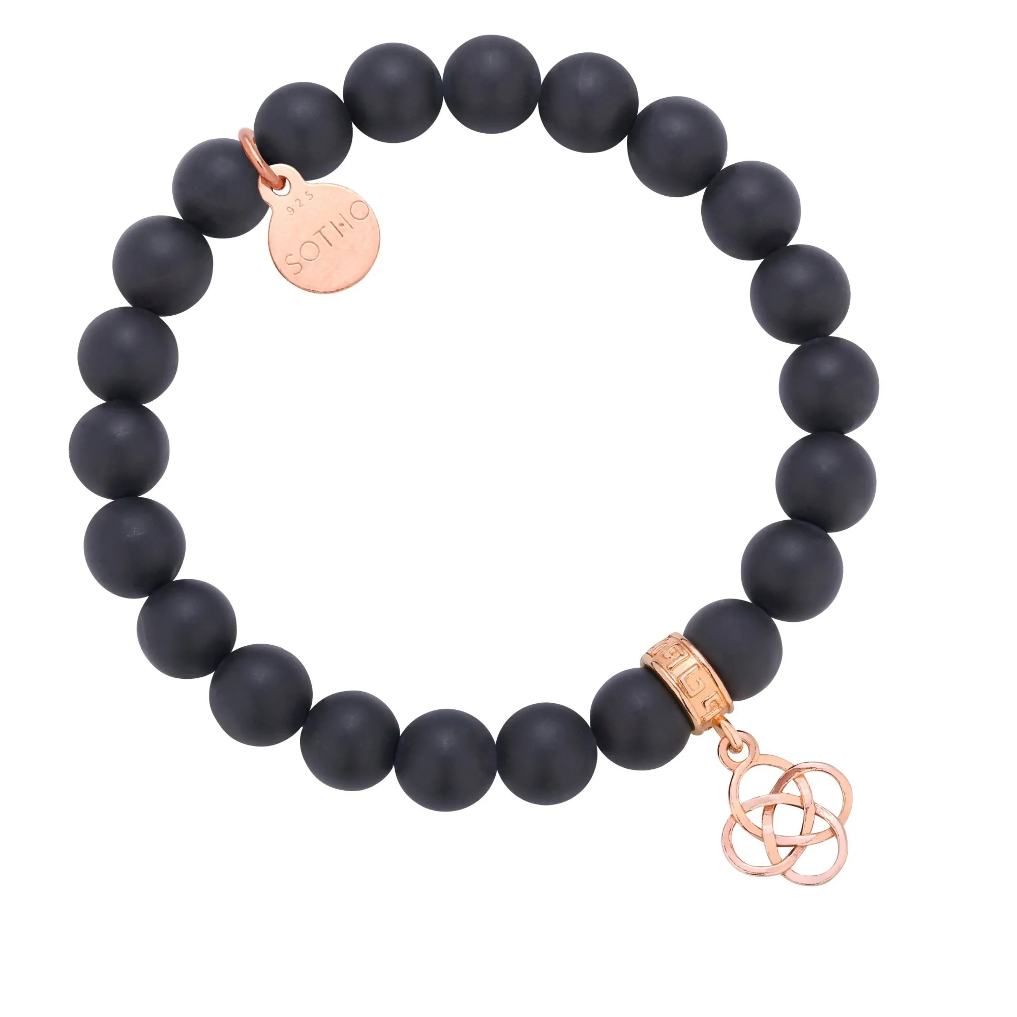 Czarna bransoletka z onyksu zdobiona rozetką z różowego złota