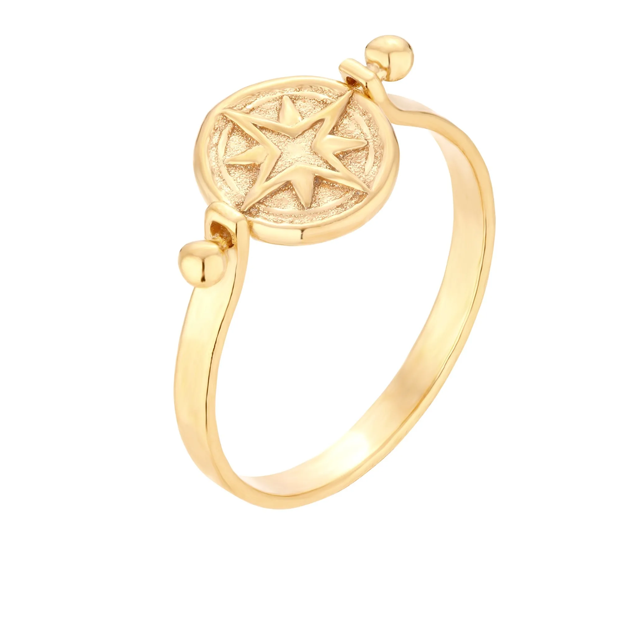 Złoty obrotowy dwustronny pierścionek z górami i różą wiatrów