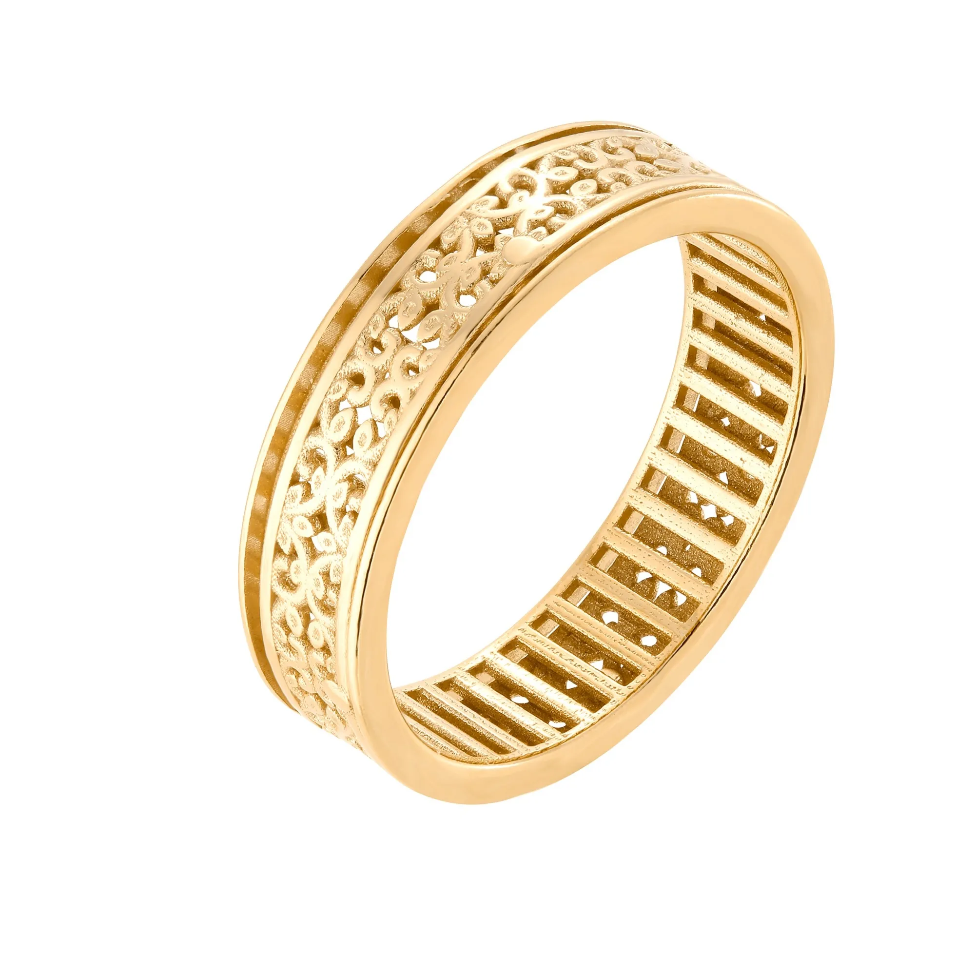 Złota obrotowa obrączka z listeczkami