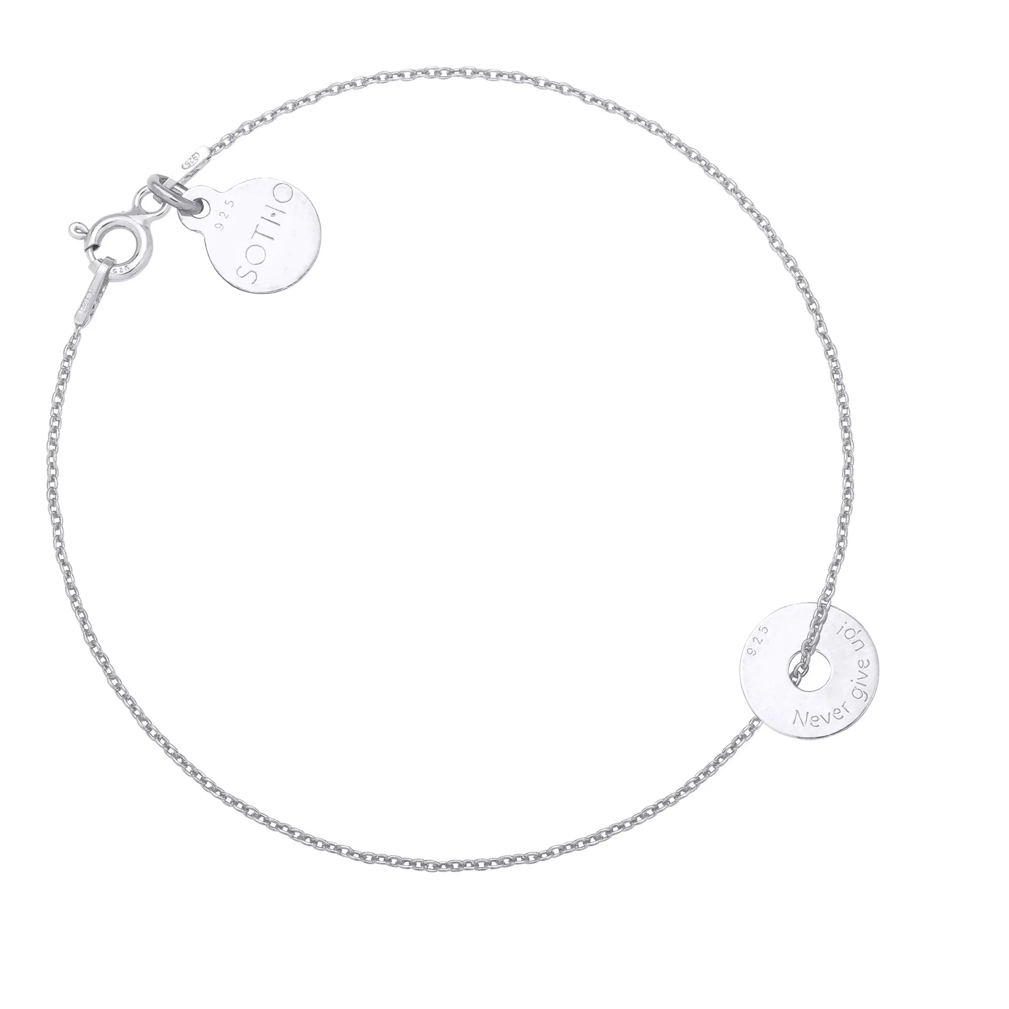 Srebrna bransoletka z małą karmą Never give up!