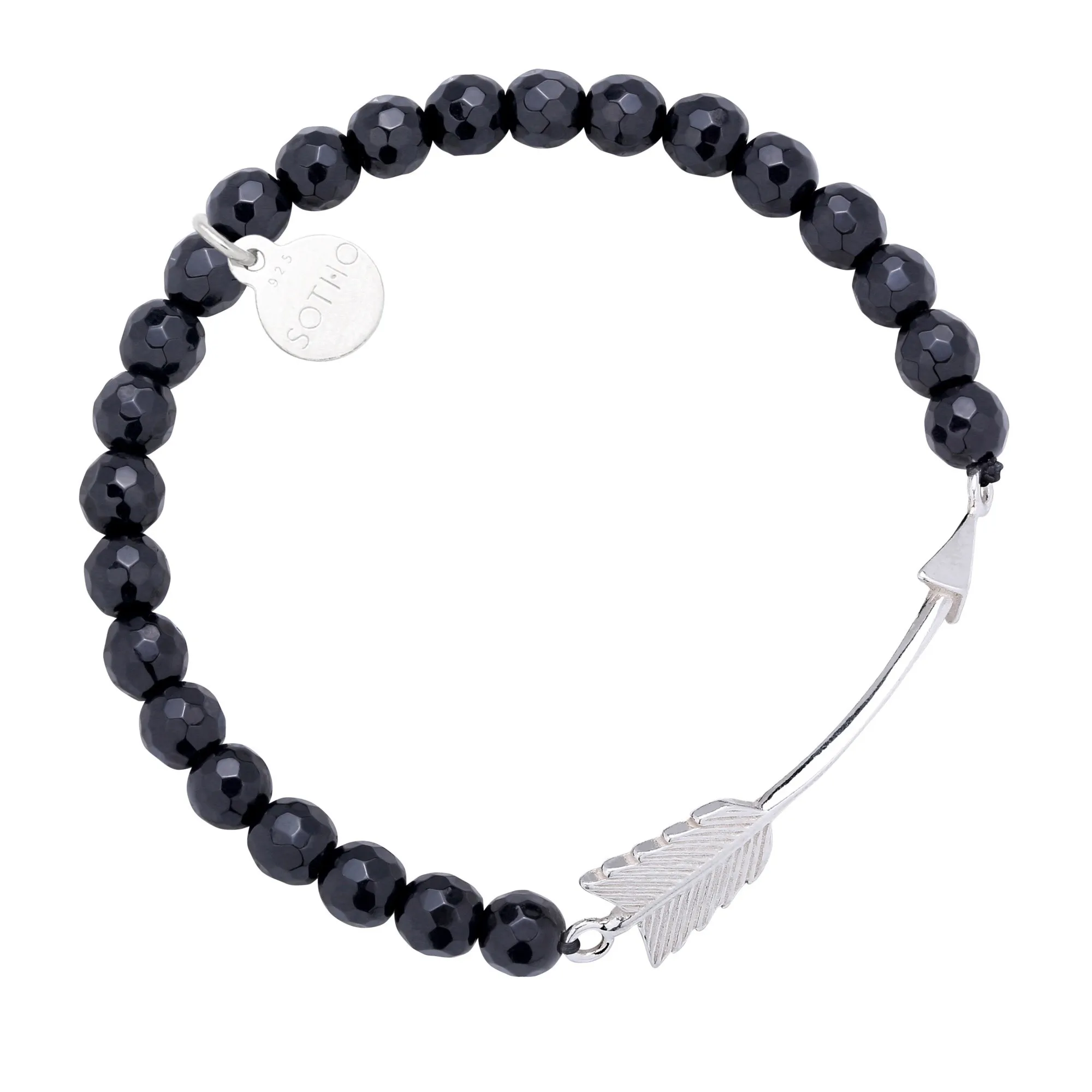 Czarna bransoletka z fasetowanego onyksu ze srebrną strzałą