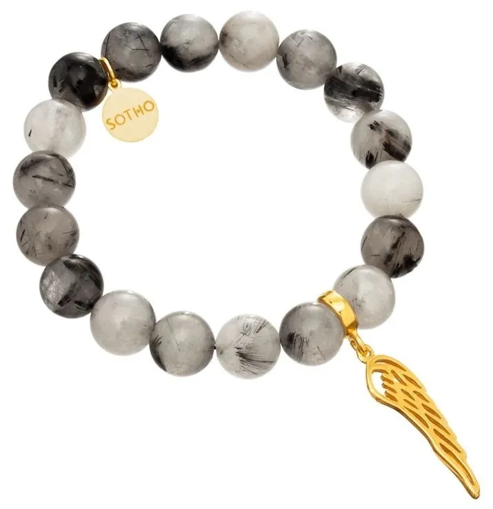 Bransoletka czarny kwarc mszysty złote skrzydło złoto