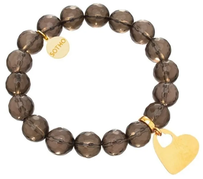 Brązowa bransoletka, fasetowany kwarc dymny ze złotym sercem
