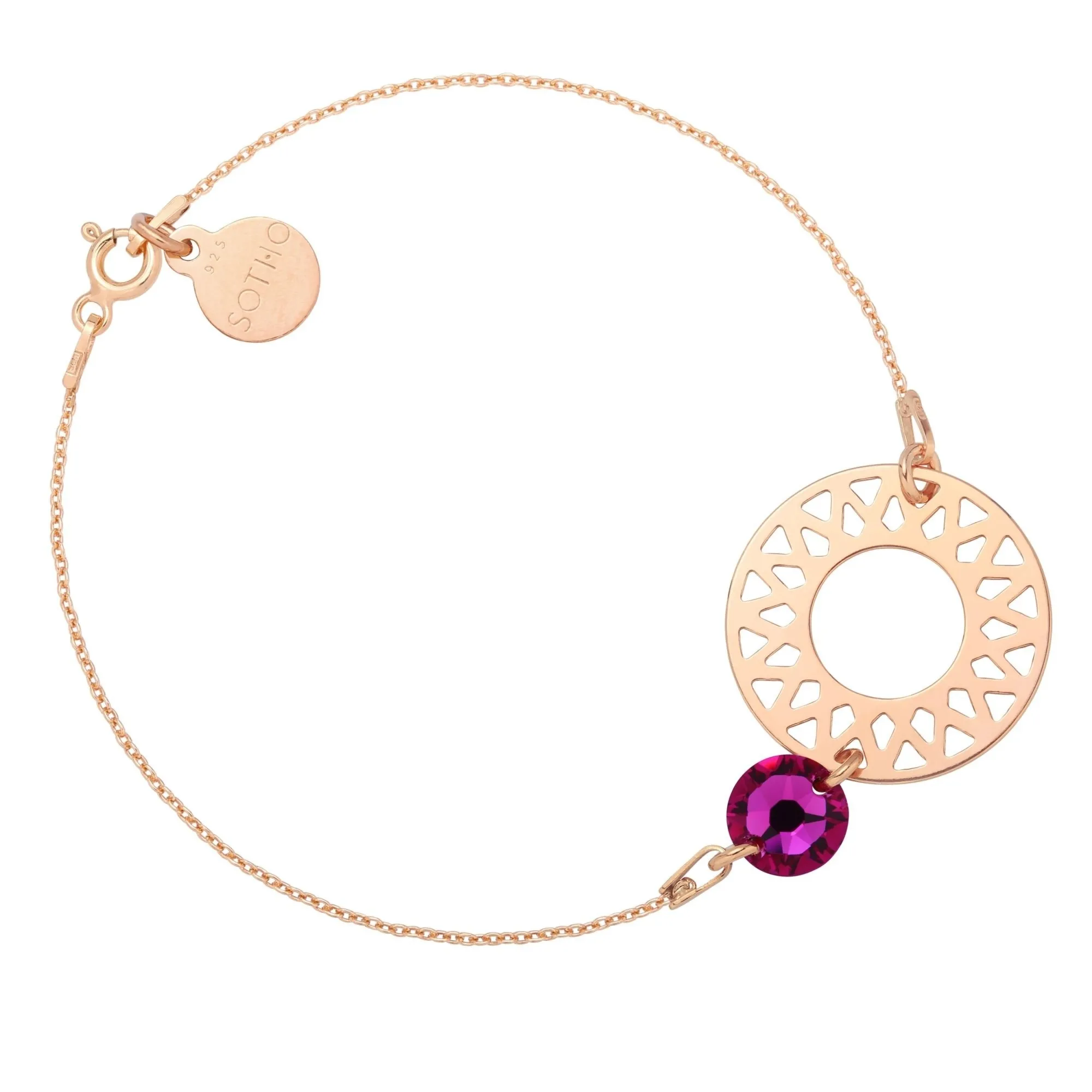 Bransoletka z różowego złota dużą rozetą i ciemno różowym kryształem SWAROVSKI® CRYSTAL