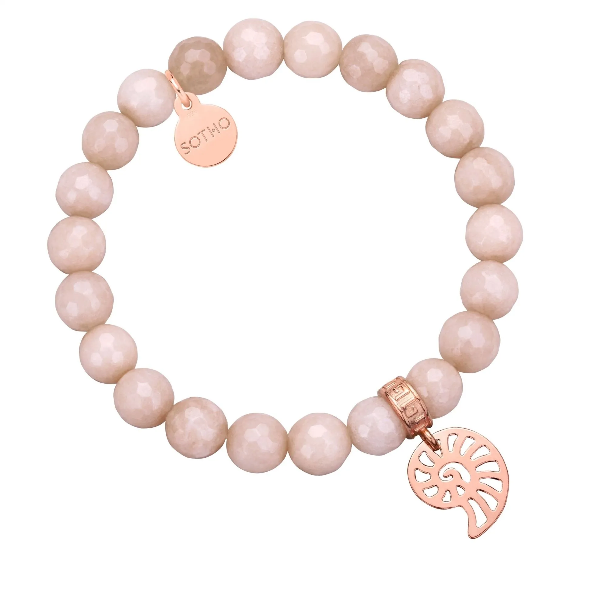 Piaskowa bransoletka z fasetowanego jadeitu z ażurową muszelką