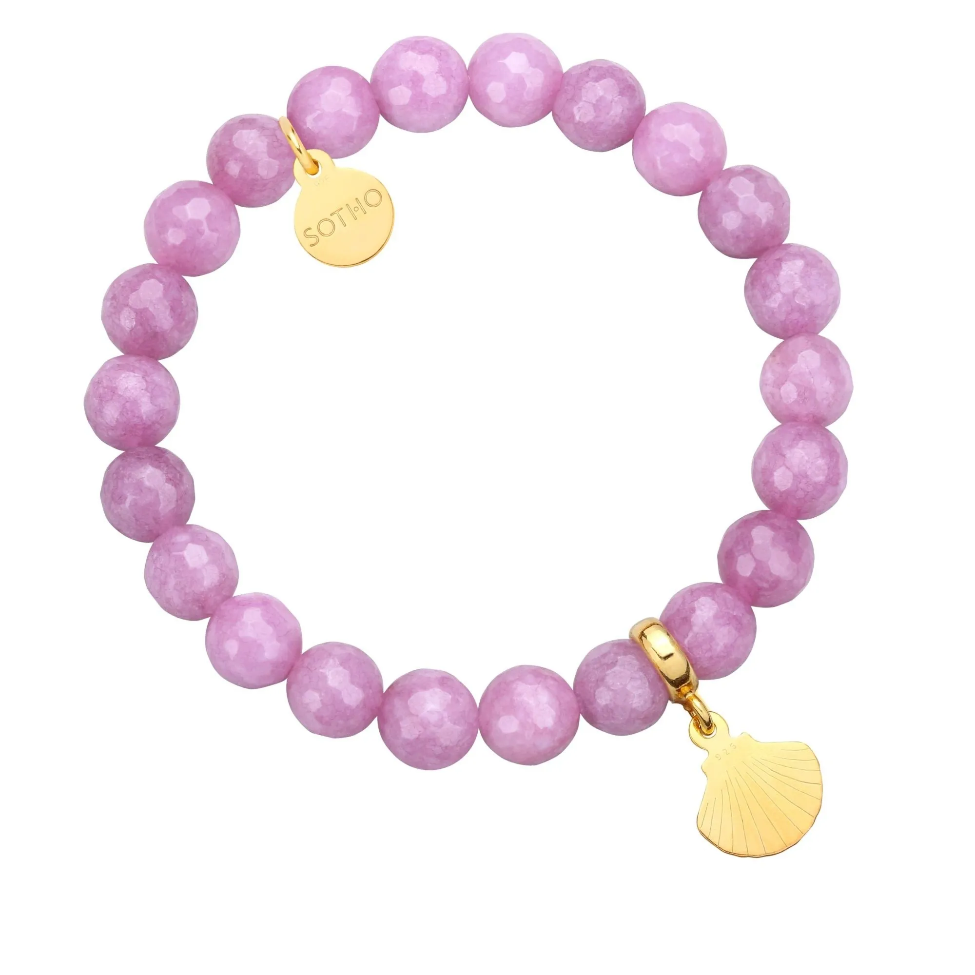 Fioletowa bransoletka z fasetowanego jadeitu ze złotą muszelką