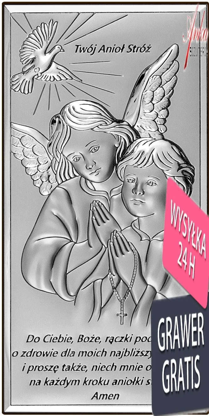 Obrazek srebrny anioł stróż  z modlitwą 9 cm * 18 cm