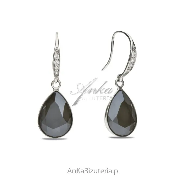 Kolczyki srebrne z kryształami swarovski classy pear  w kolorze dark grey.