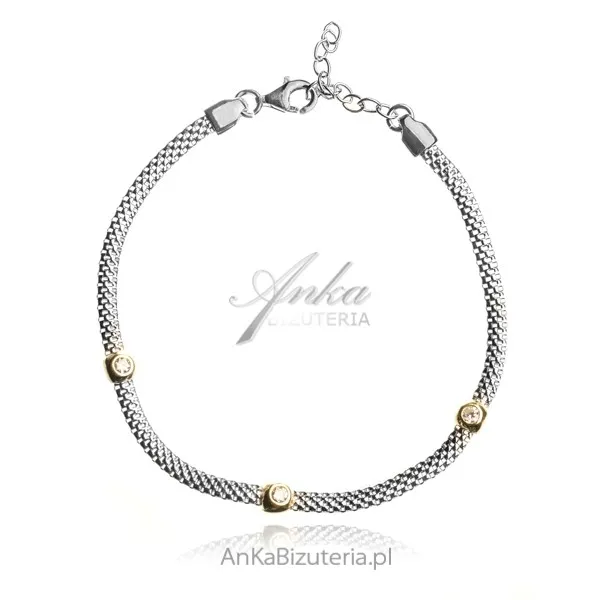 Bransoletka srebrna  i pozłacana calza z cyrkoniami