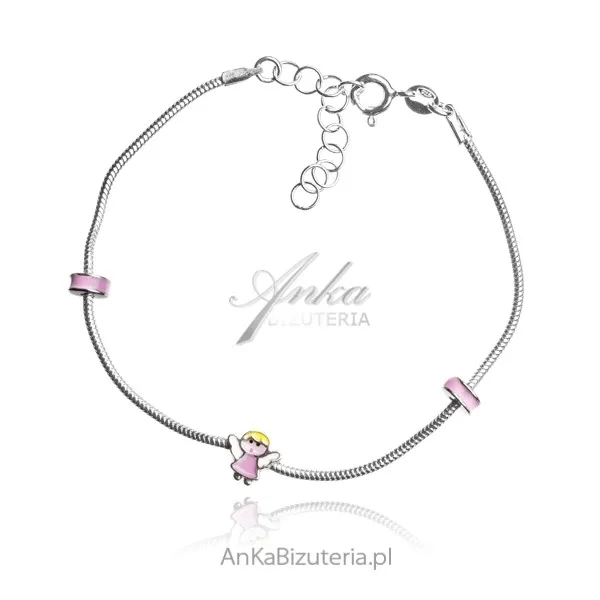 Bransoletka srebrna dziecięca  różowy aniołek