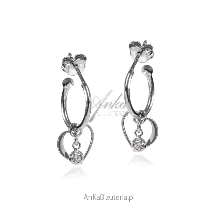 Kolczyki srebrne kółko z przywieszkami serduszko i cyrkonia