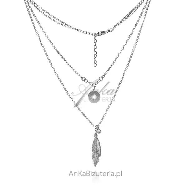 Biżuteria srebrna podwójny naszyjnik z piórkiem i kompasem