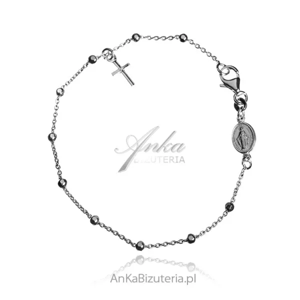 Bransoletka srebrna różaniec  z krzyżykiem i medalikiem m.b. cudownej