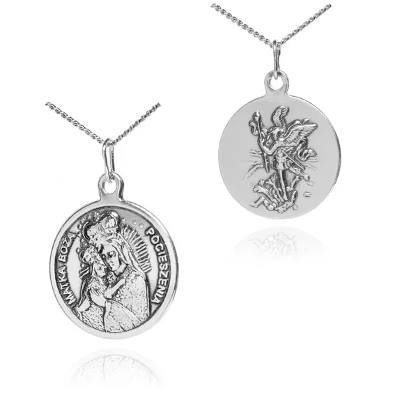 Medalik srebrny matki boskiej pocieszenia i michała archanioła