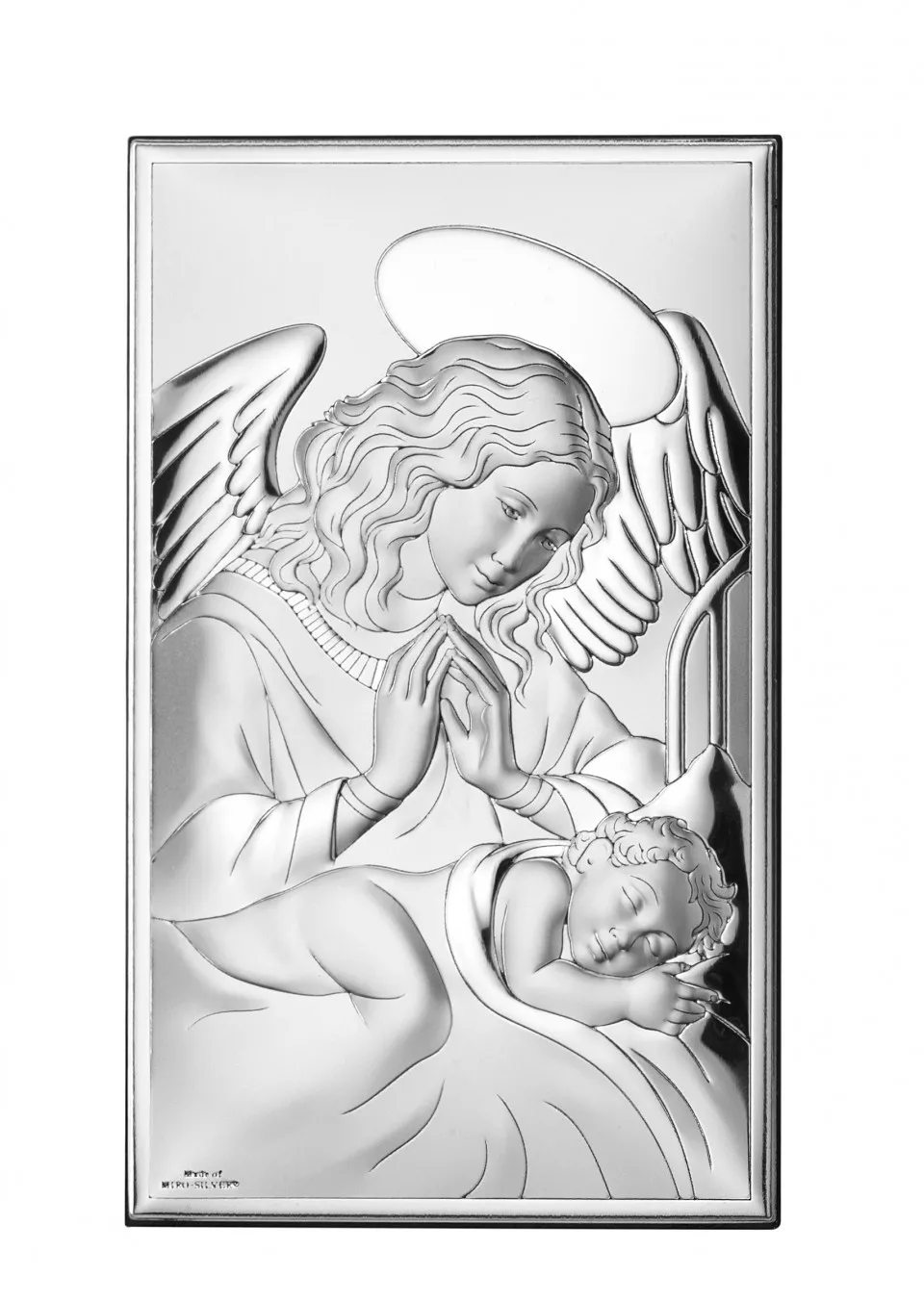 Obrazek srebrny aniołek nad dzieciątkiem 9*15 cm