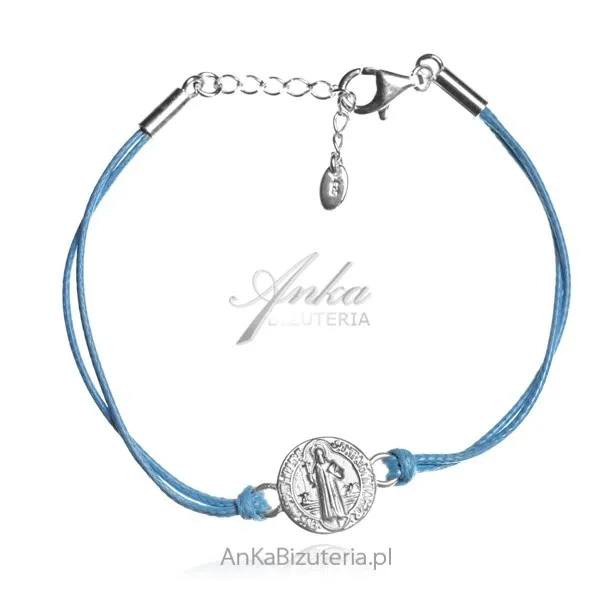 Bransoletka srebrna benedykt na niebieskim sznureczku woskowanym