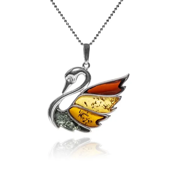 Srebrna zawieszka z kolorowym  naturalnym bursztynem - łabędź - mały