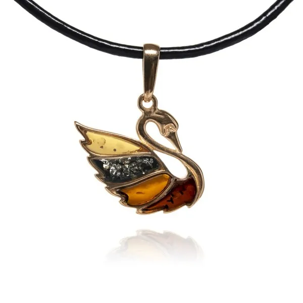 Srebrna zawieszka  pozłacana różowym złotem z kolorowym naturalnym bursztynem - łabędź - mały