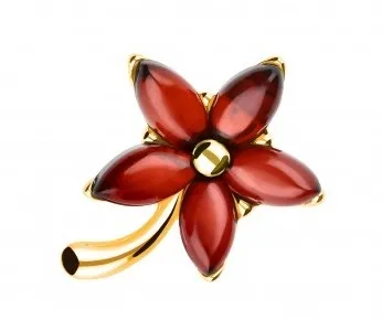Broszka srebrna pozłacana różowym złotem z wiśniowym bursztynem kwiatek