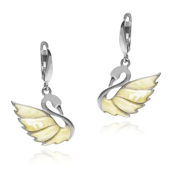 Kolczyki srebrne z żółtym bursztynem łabędzie