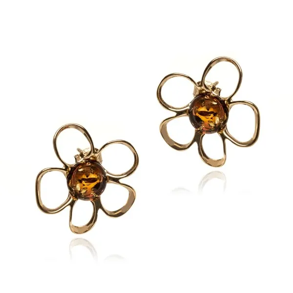 Kolczyki srebrne pozłacane kwiatki z bursztynem