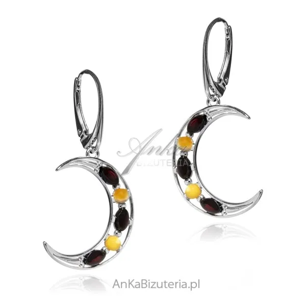 Kolczyki srebrne z bursztynem księżyce