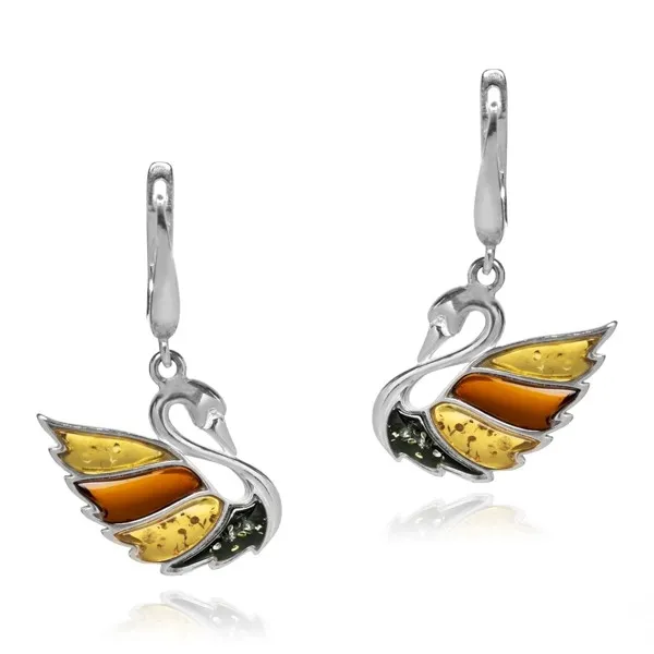 Kolczyki srebrne z kolorowym bursztynem łabędzie