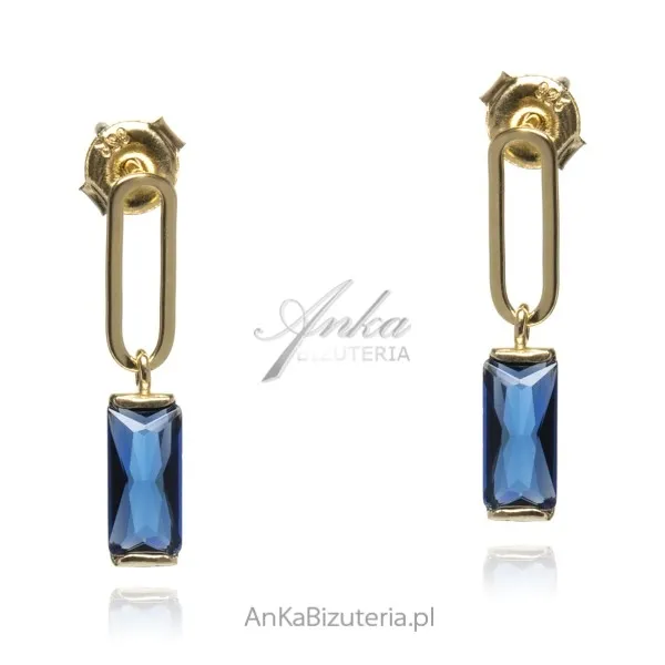 Kolczyki srebrne pozłacane z niebieską cyrkonią o pięknym szmaragdowym szlifie