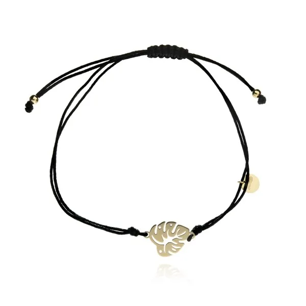 Bransoletka srebrna pozłacana liść monstery na czarnym woskowanym sznurku