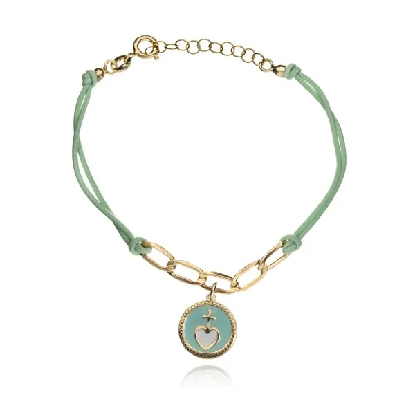 Bransoletka srebrne pozłacana szkaplerz wandejski z seledynowym woskowanym sznurkiem