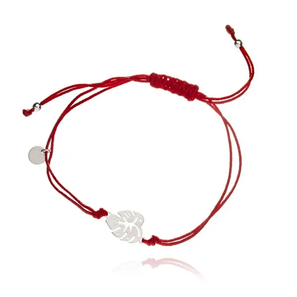 Bransoletka srebrna na czerwonym sznureczku liść monstery