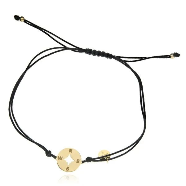 Bransoletka srebrna pozłacana róża wiatrów na czarnym sznureczku