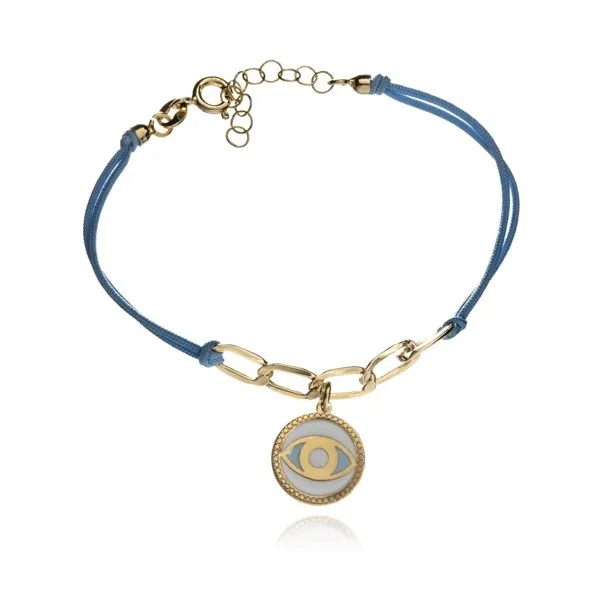 Bransoletka srebrna  pozłacana na niebieskim sznureczku oko proroka