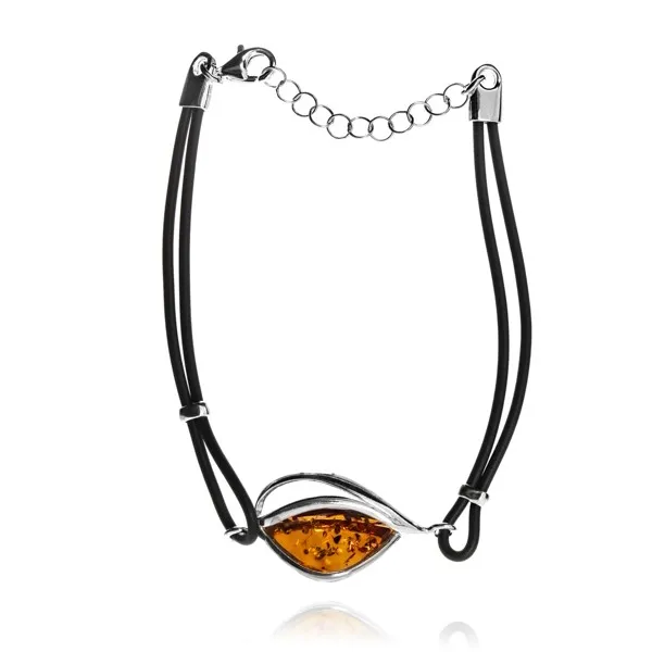 Bransoletka srebrna z bursztynem  na kauczukowym łańcuszku