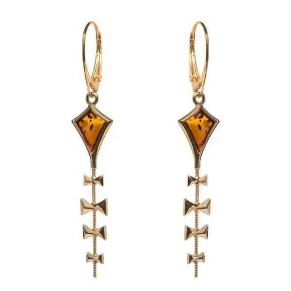 Kolczyki srebrne pozłacane różowym złotem latawiec z koniakowym bursztynem
