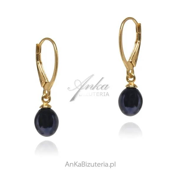 Kolczyki srebrne pozłacane z czarną perłą