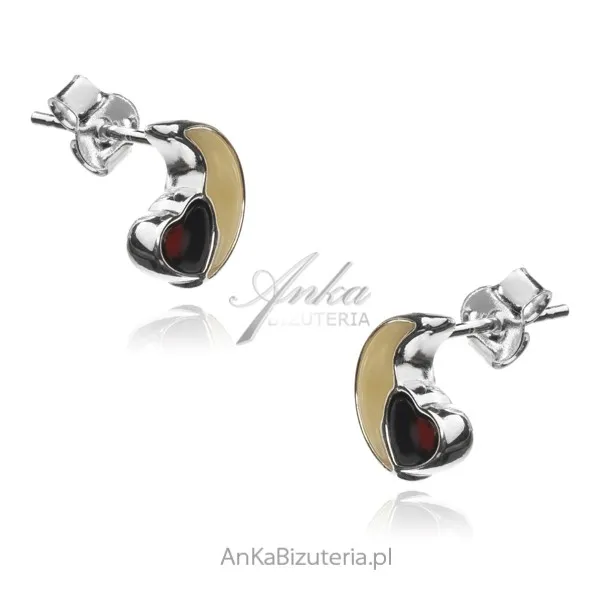 Kolczyki srebrne z bursztynem księżyc i serduszko - wiśniowo-żółty bursztyn