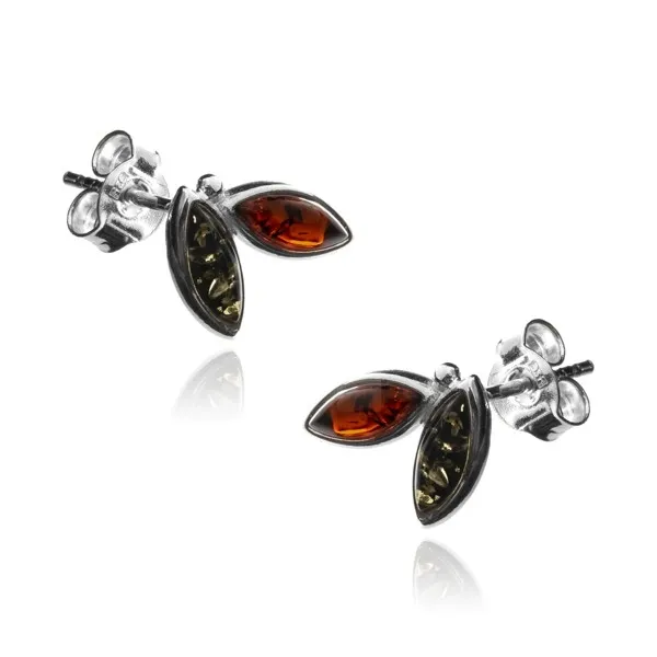 Srebrne kolczyki z koniakowo-zielonym bursztynem - listki