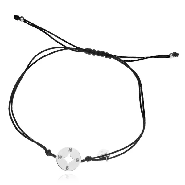 Bransoletka srebrna  róża wiatrów na czarnym sznureczku