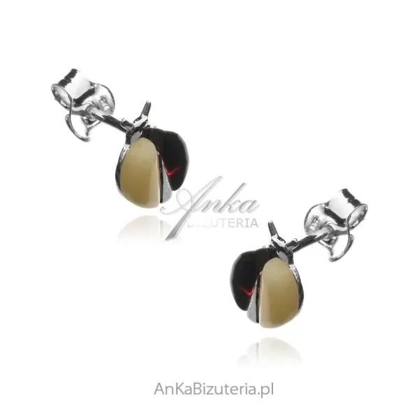 Kolczyki srebrne z bursztynem biedronki w kolorze wiśni i białym