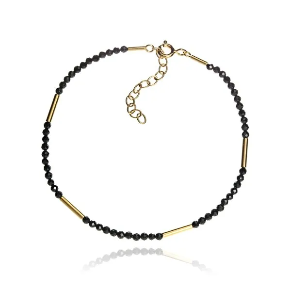 Subtelna bransoletka srebrna pozłacana z czarnymi spinelami