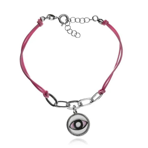 Bransoletka srebrna na różowym sznureczku oko proroka